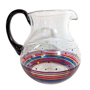 Retro Pitcher Hand-Blown Clear Glass Colored Stripes Dots Black Handle 1970's